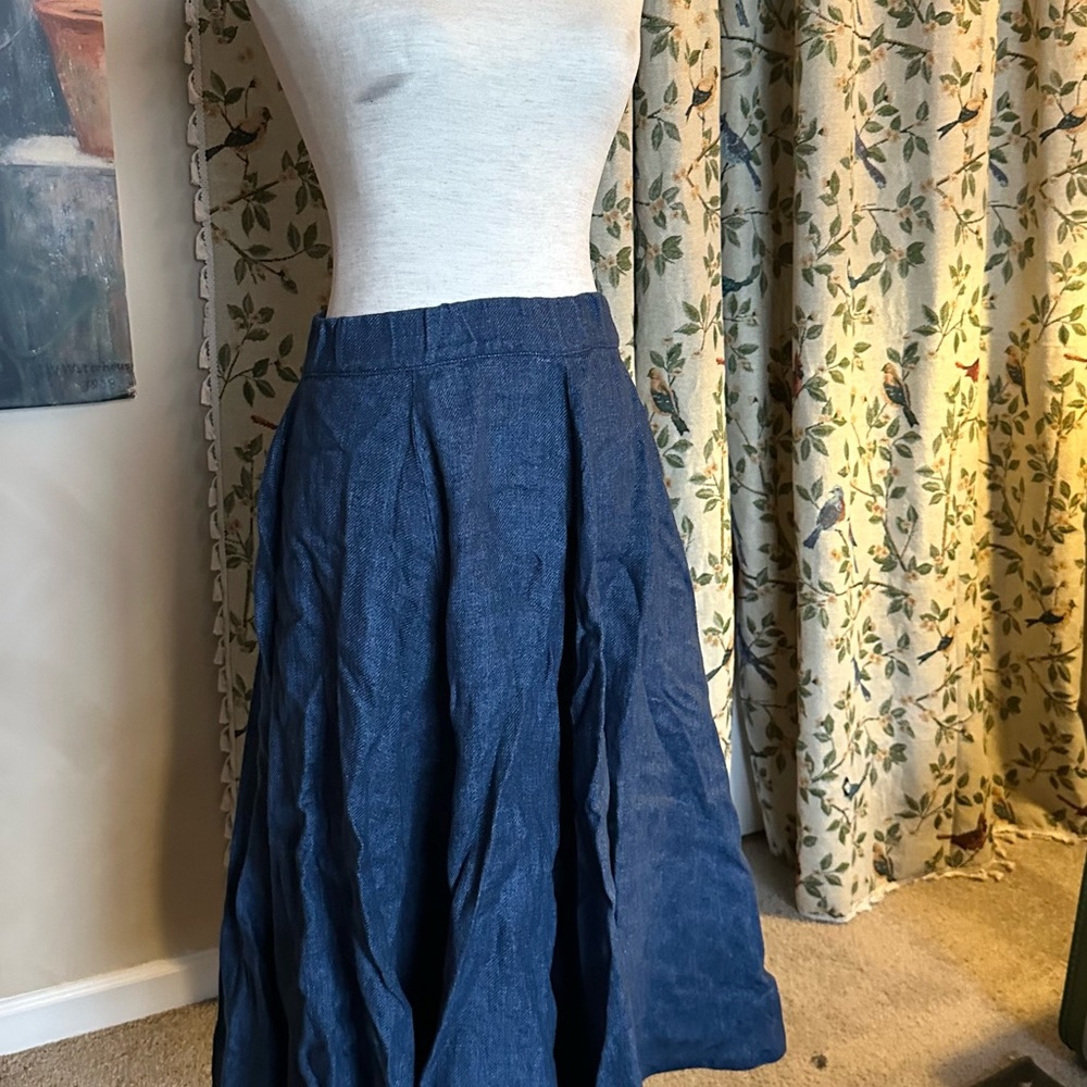 Son de Flor Classic Twill Linen Skirt in Herringbone Denim Blue